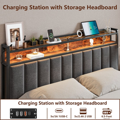 Double Bed Frame with 2 Storage Drawers and LED Lights Headboard, Upholstered Bed Frame with Charging V1127-AU-2452DB-GRY