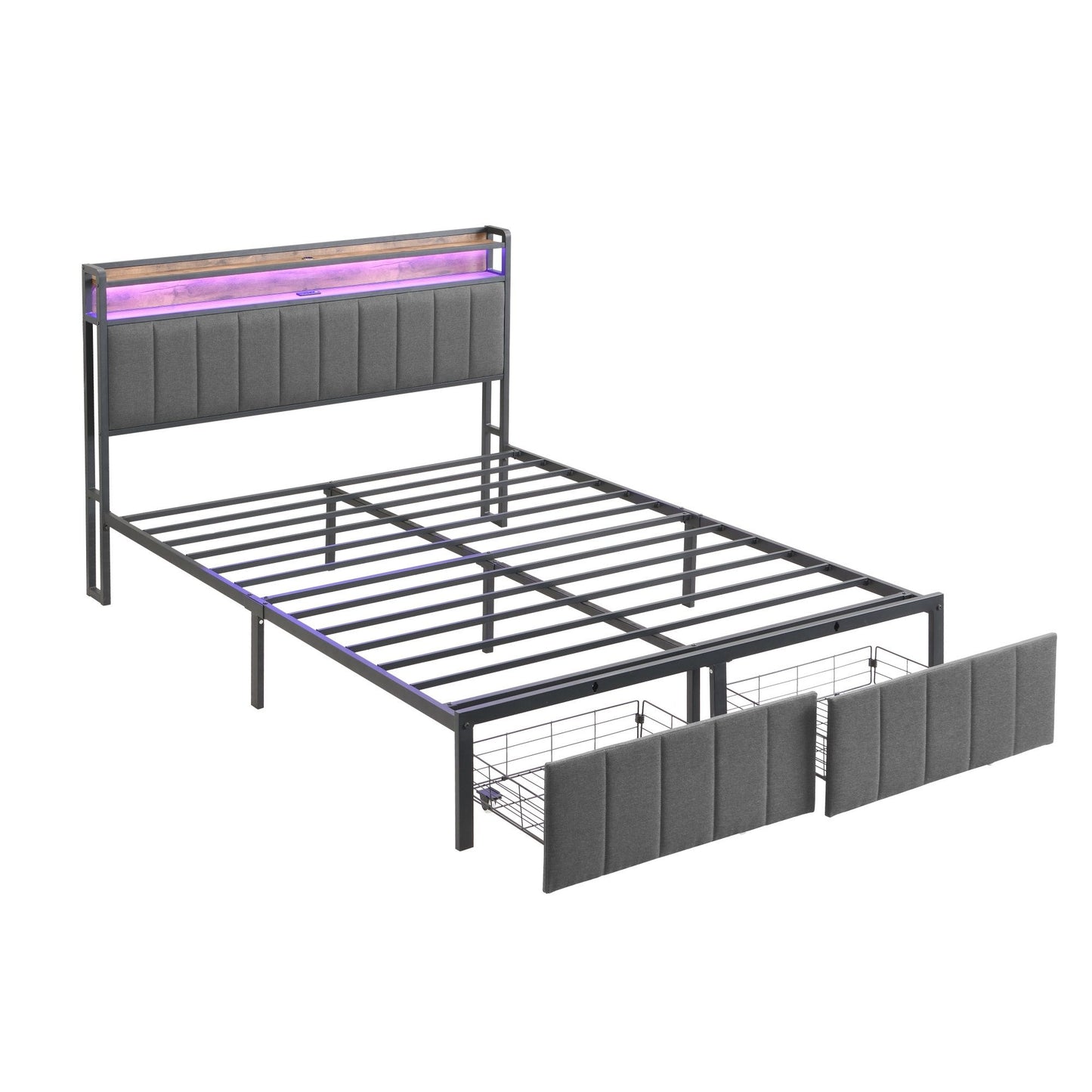 Double Bed Frame with 2 Storage Drawers and LED Lights Headboard, Upholstered Bed Frame with Charging V1127-AU-2452DB-GRY
