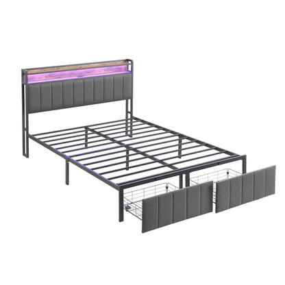 Double Bed Frame with 2 Storage Drawers and LED Lights Headboard, Upholstered Bed Frame with Charging V1127-AU-2452DB-GRY