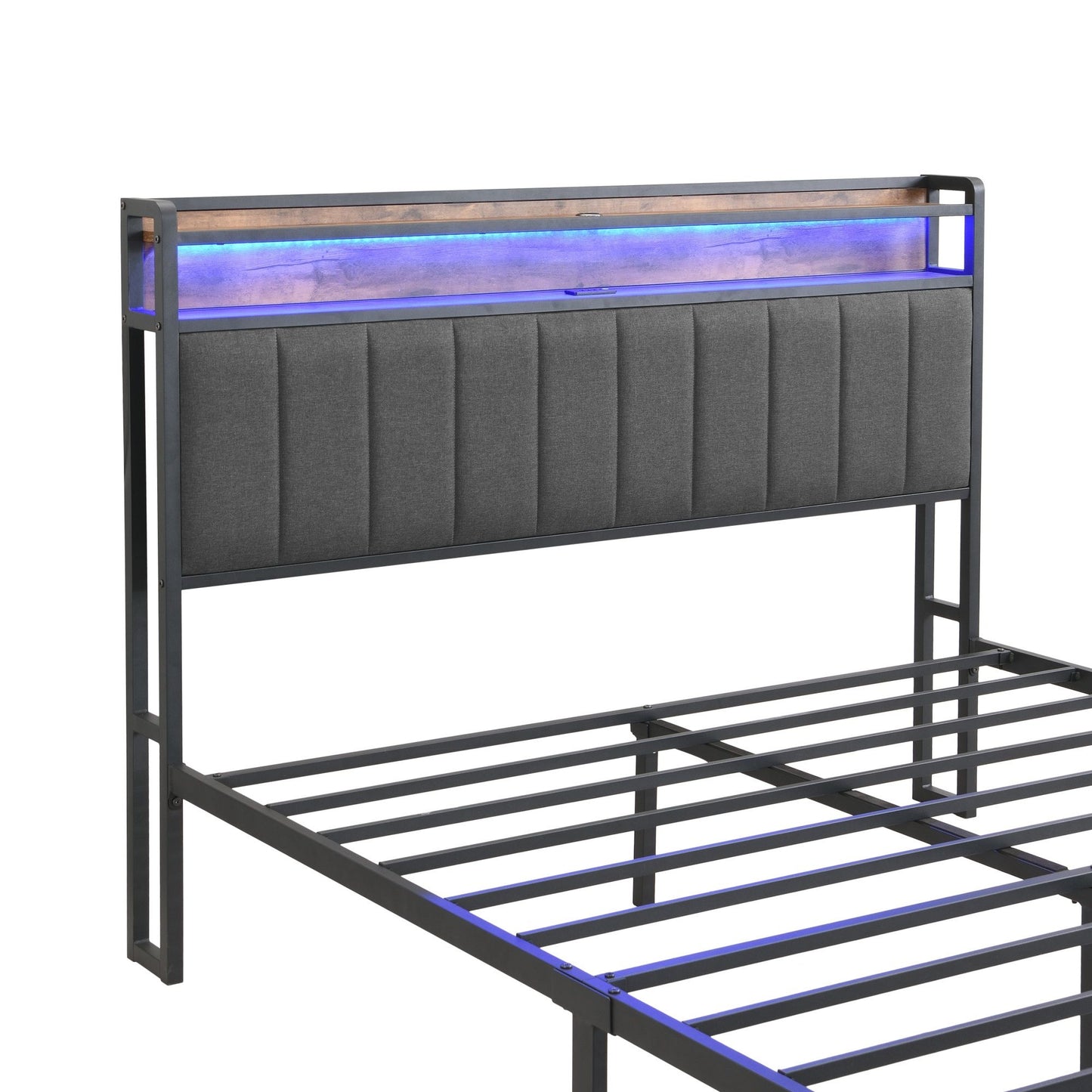 Double Bed Frame with 2 Storage Drawers and LED Lights Headboard, Upholstered Bed Frame with Charging V1127-AU-2452DB-GRY
