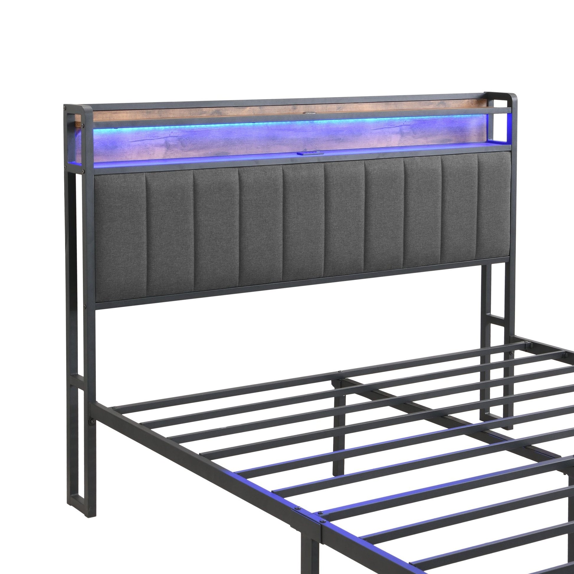 Double Bed Frame with 2 Storage Drawers and LED Lights Headboard, Upholstered Bed Frame with Charging V1127-AU-2452DB-GRY