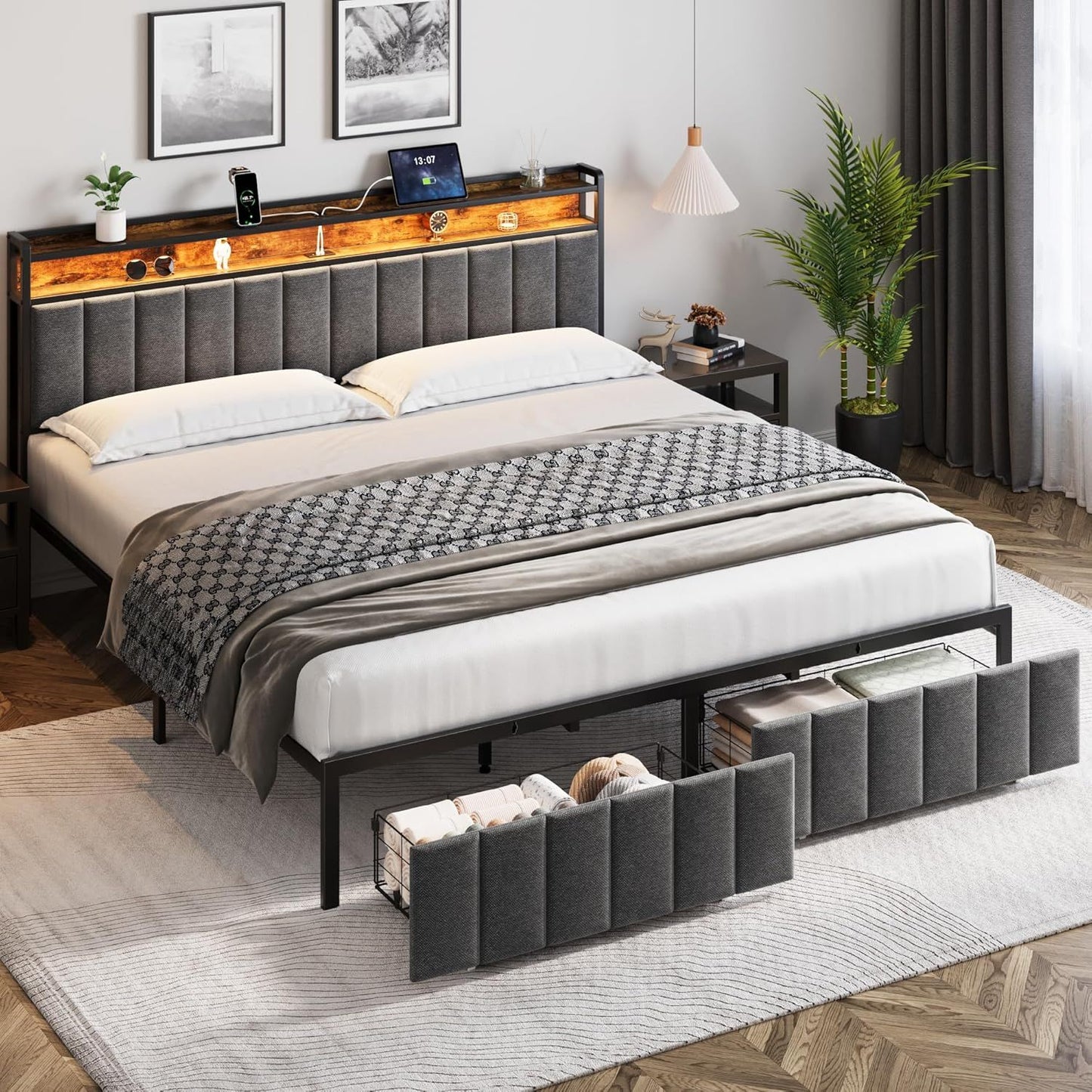 King Bed Frame with 2 Storage Drawers and LED Lights Headboard, Upholstered Bed Frame with Charging Station, V1127-AU-2452KN-GRY