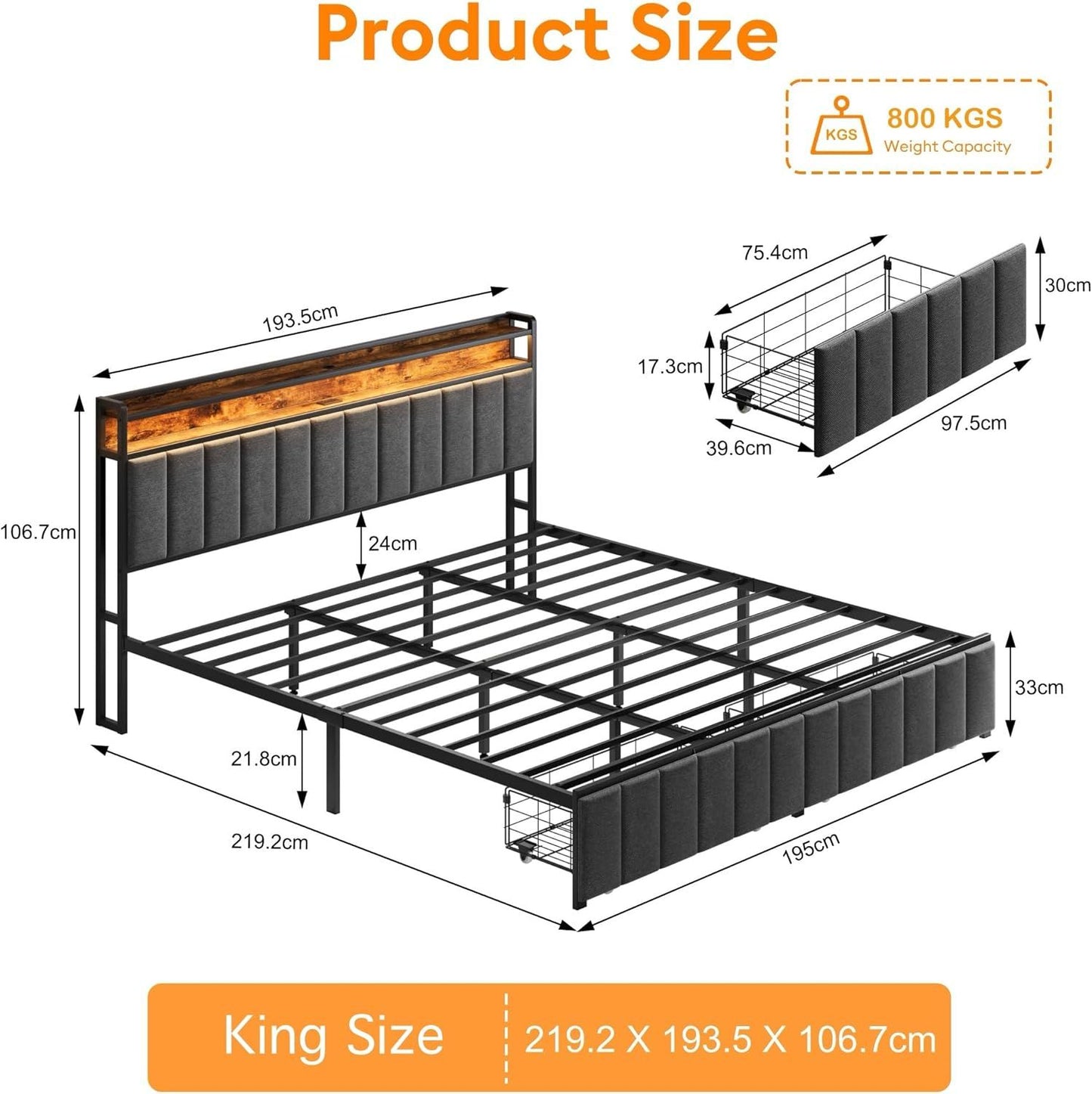 King Bed Frame with 2 Storage Drawers and LED Lights Headboard, Upholstered Bed Frame with Charging Station, V1127-AU-2452KN-GRY