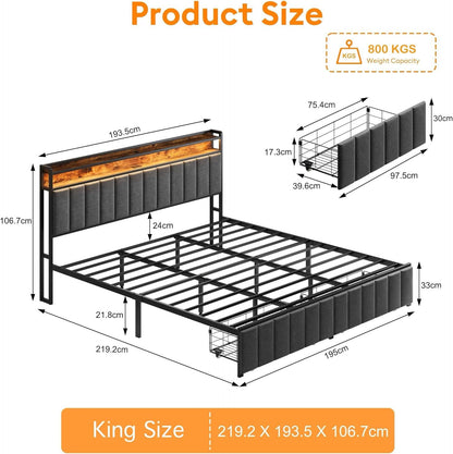 King Bed Frame with 2 Storage Drawers and LED Lights Headboard, Upholstered Bed Frame with Charging Station, V1127-AU-2452KN-GRY