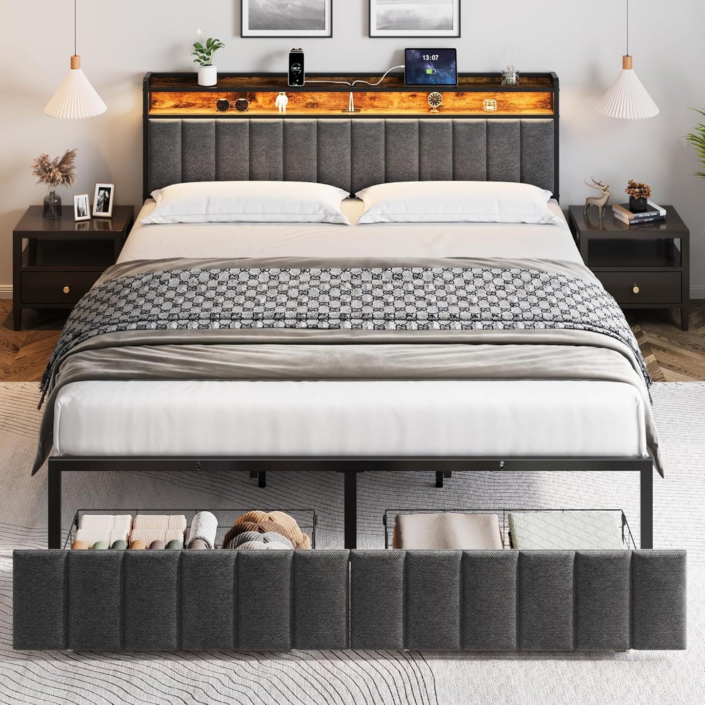 King Bed Frame with 2 Storage Drawers and LED Lights Headboard, Upholstered Bed Frame with Charging Station, V1127-AU-2452KN-GRY