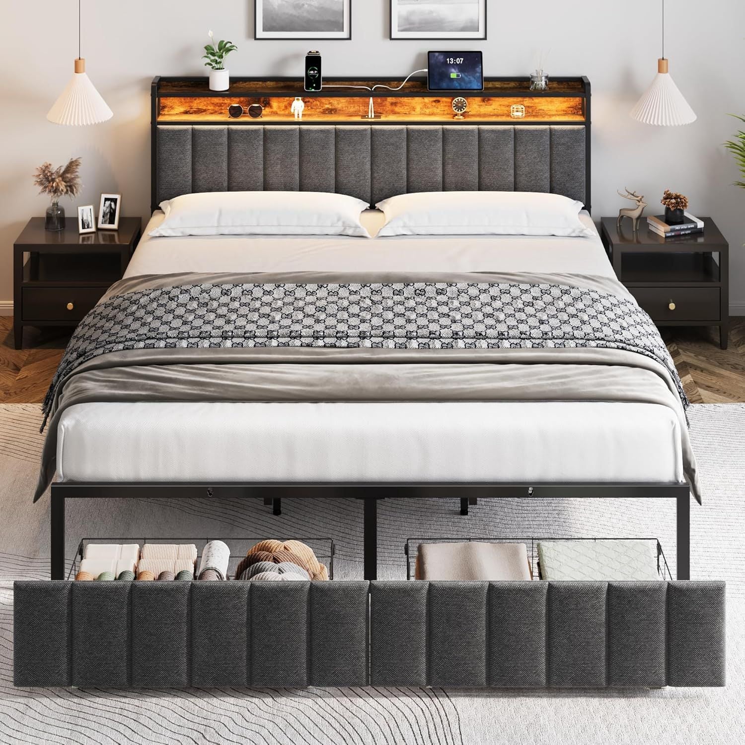 King Bed Frame with 2 Storage Drawers and LED Lights Headboard, Upholstered Bed Frame with Charging Station, V1127-AU-2452KN-GRY