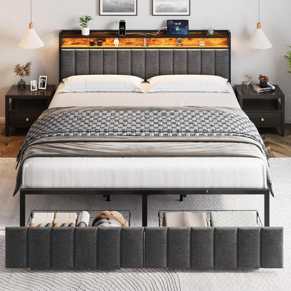 King Bed Frame with 2 Storage Drawers and LED Lights Headboard, Upholstered Bed Frame with Charging Station, V1127-AU-2452KN-GRY