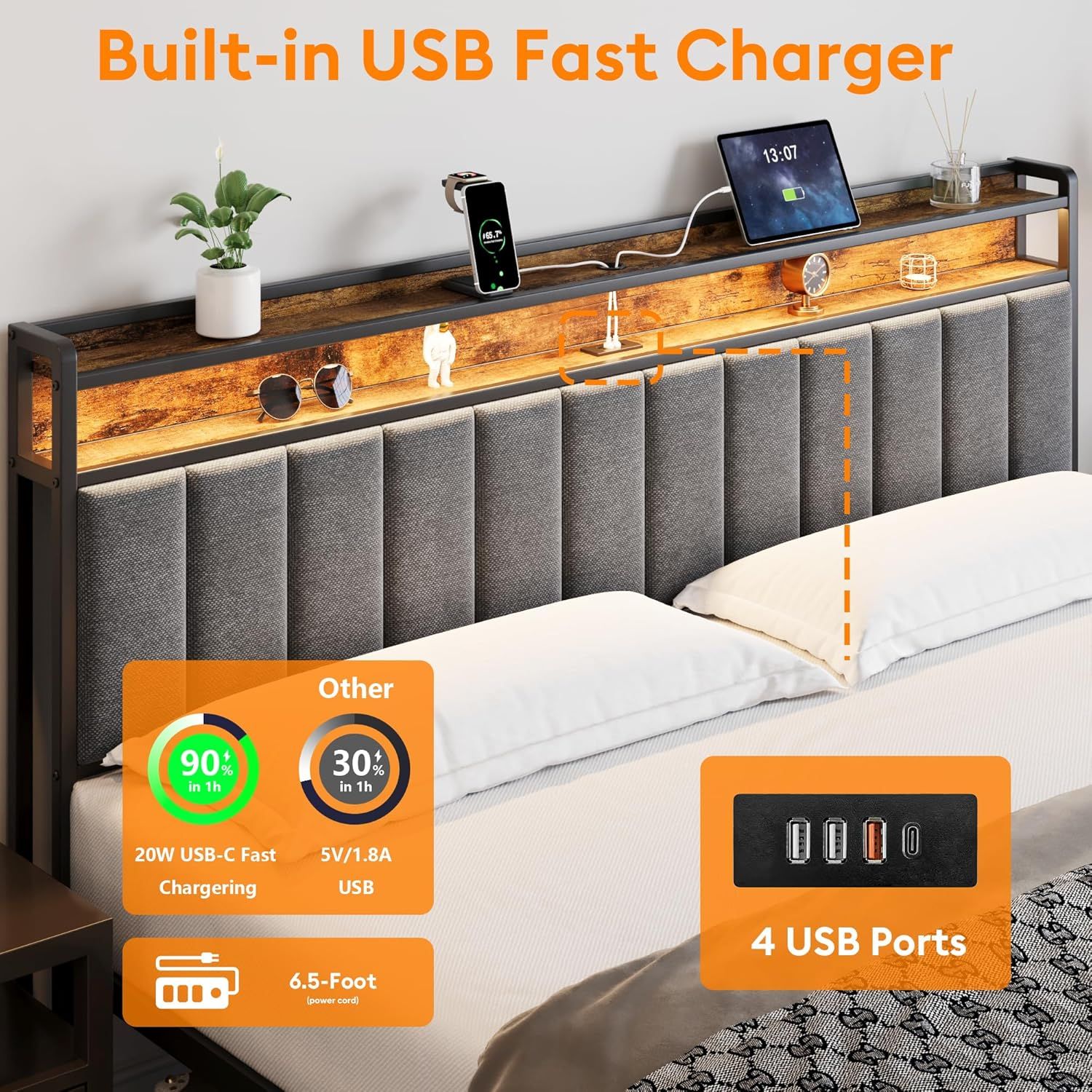 King Bed Frame with 2 Storage Drawers and LED Lights Headboard, Upholstered Bed Frame with Charging Station, V1127-AU-2452KN-GRY