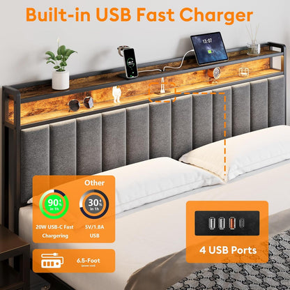 King Bed Frame with 2 Storage Drawers and LED Lights Headboard, Upholstered Bed Frame with Charging Station, V1127-AU-2452KN-GRY