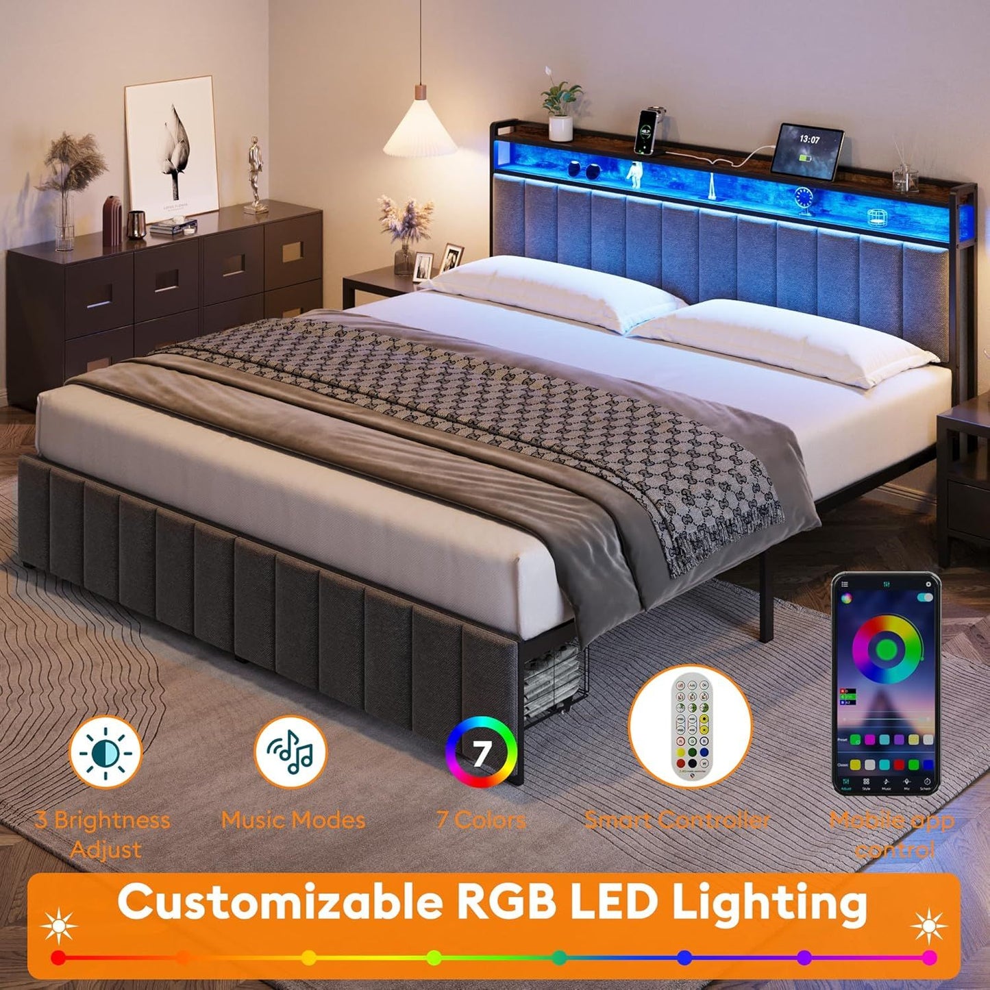 King Bed Frame with 2 Storage Drawers and LED Lights Headboard, Upholstered Bed Frame with Charging Station, V1127-AU-2452KN-GRY