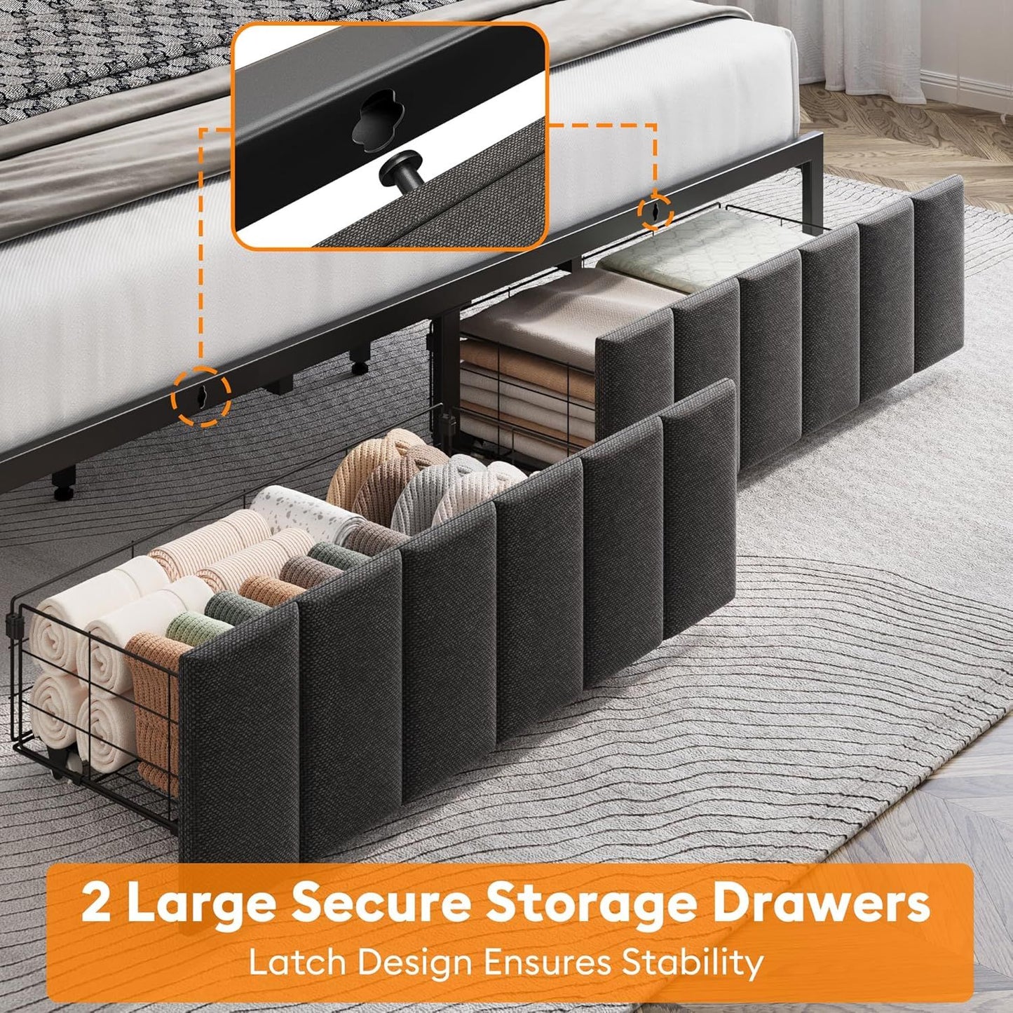 King Bed Frame with 2 Storage Drawers and LED Lights Headboard, Upholstered Bed Frame with Charging Station, V1127-AU-2452KN-GRY