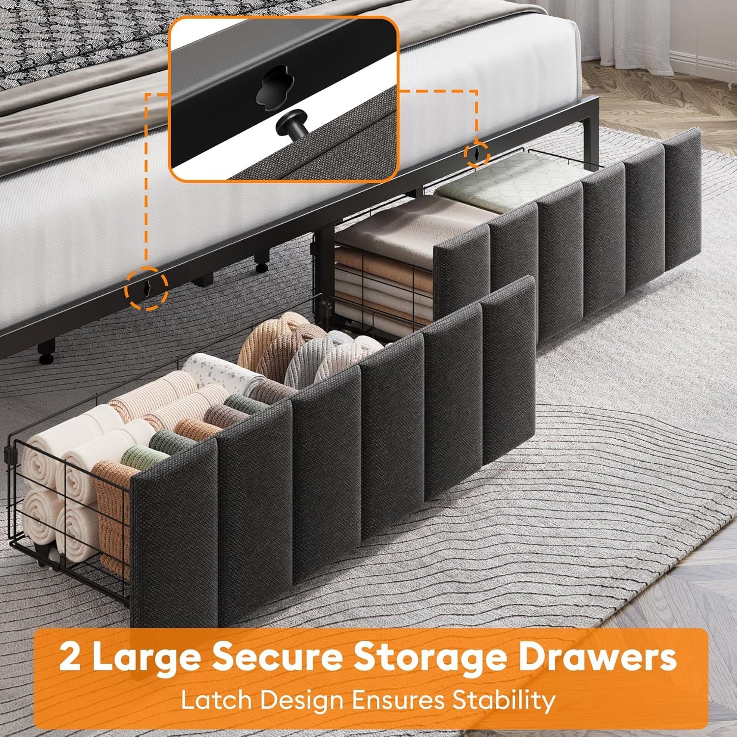 King Bed Frame with 2 Storage Drawers and LED Lights Headboard, Upholstered Bed Frame with Charging Station, V1127-AU-2452KN-GRY