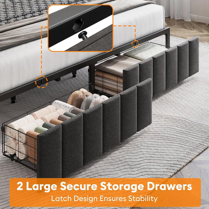 King Bed Frame with 2 Storage Drawers and LED Lights Headboard, Upholstered Bed Frame with Charging Station, V1127-AU-2452KN-GRY