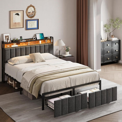 Queen Bed Frame with 2 Storage Drawers and LED Lights Headboard, Upholstered Bed Frame with Charging Station, V1127-AU-2452QN-GRY