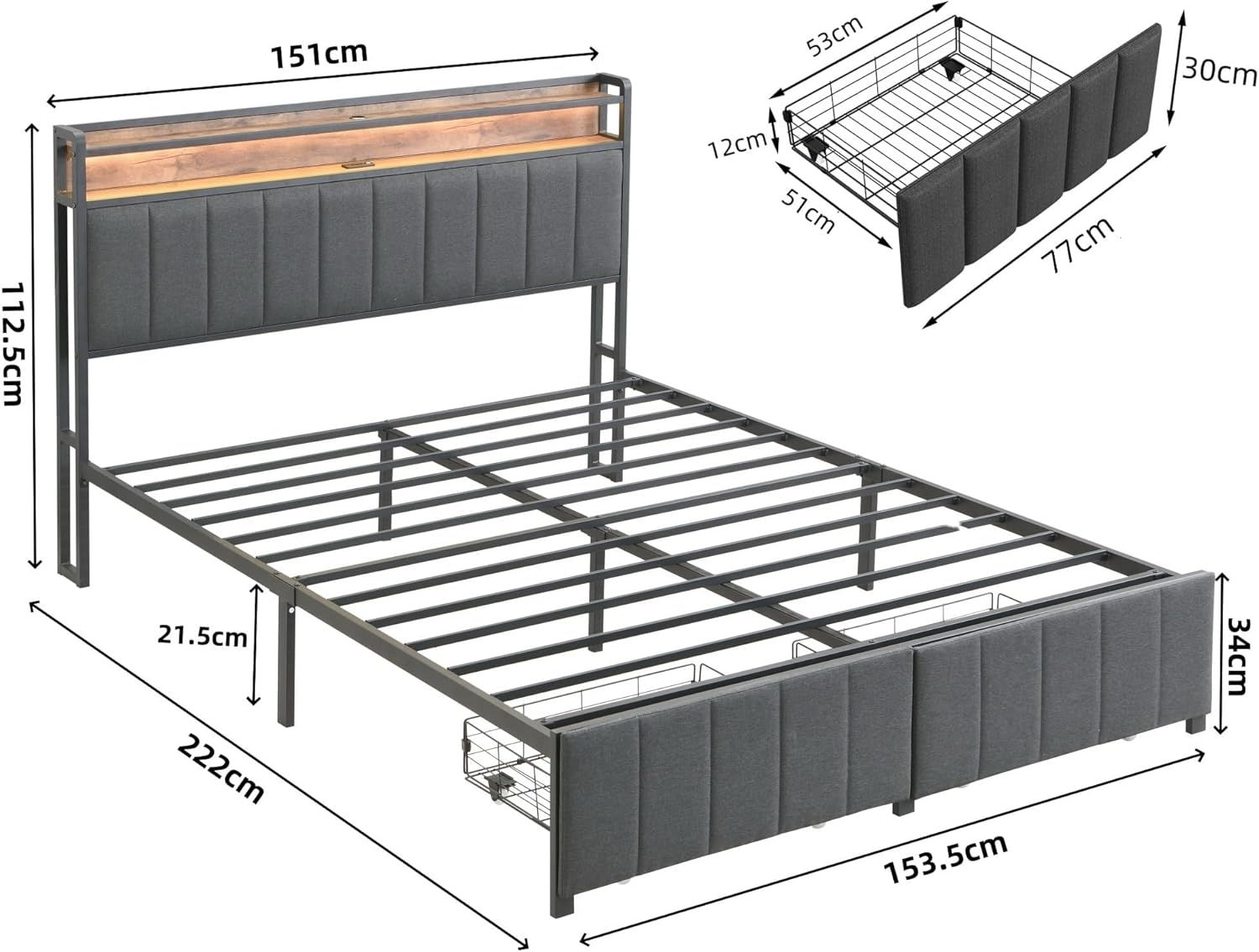 Queen Bed Frame with 2 Storage Drawers and LED Lights Headboard, Upholstered Bed Frame with Charging Station, V1127-AU-2452QN-GRY