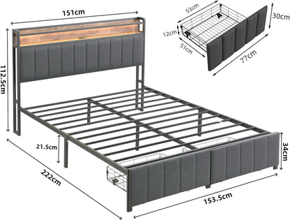Queen Bed Frame with 2 Storage Drawers and LED Lights Headboard, Upholstered Bed Frame with Charging Station, V1127-AU-2452QN-GRY