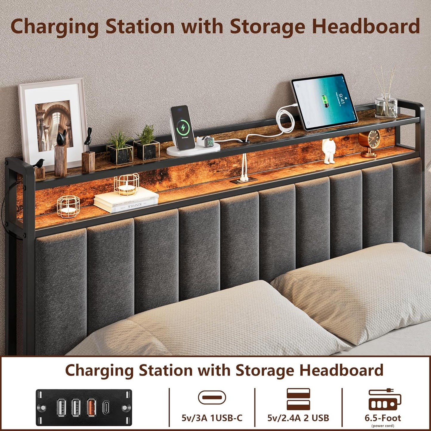 Queen Bed Frame with 2 Storage Drawers and LED Lights Headboard, Upholstered Bed Frame with Charging Station, V1127-AU-2452QN-GRY