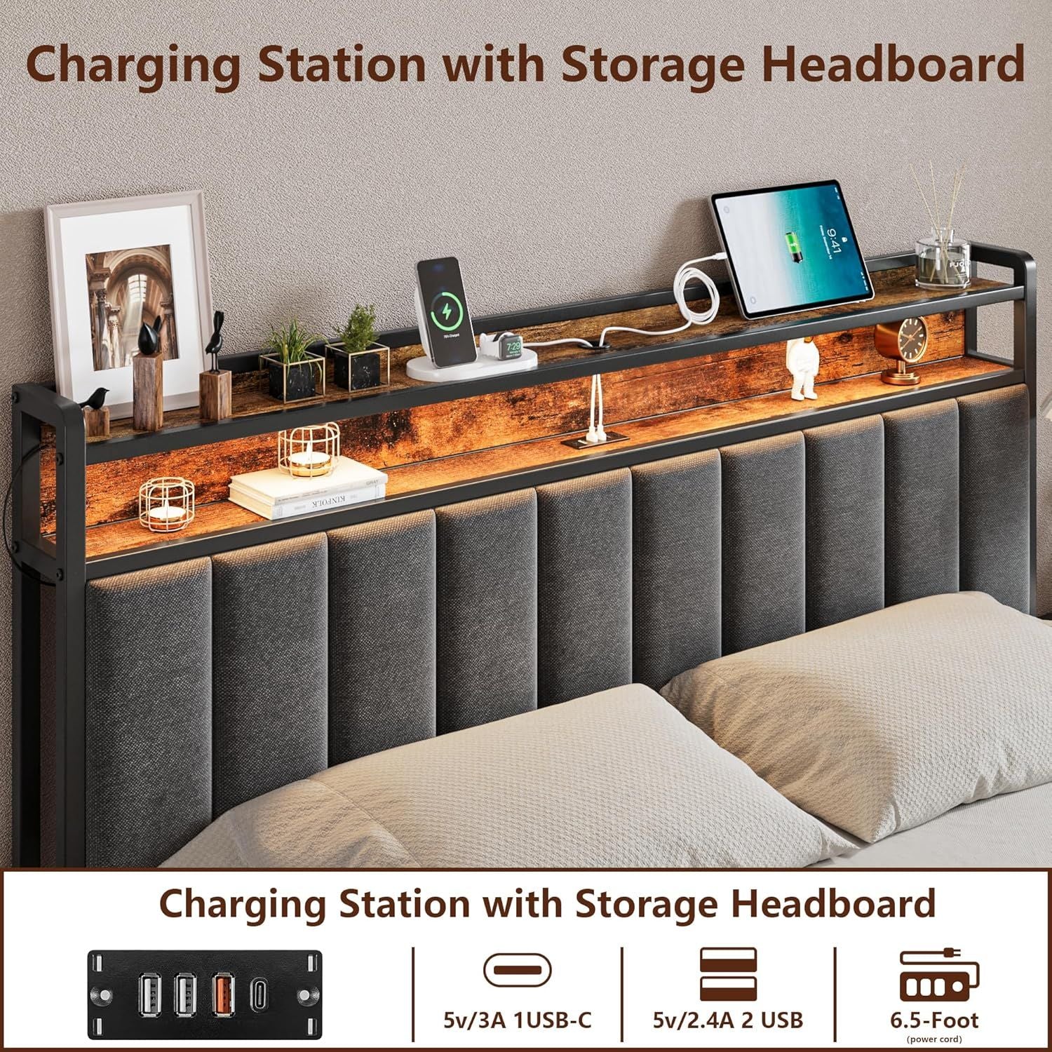 Queen Bed Frame with 2 Storage Drawers and LED Lights Headboard, Upholstered Bed Frame with Charging Station, V1127-AU-2452QN-GRY