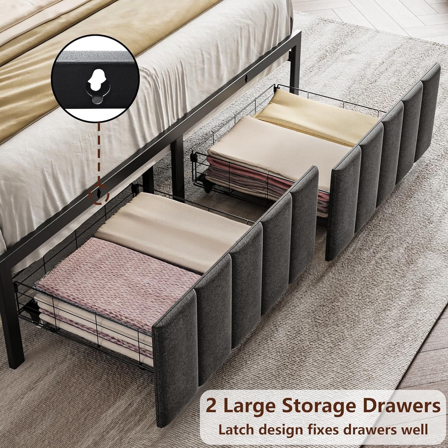 Queen Bed Frame with 2 Storage Drawers and LED Lights Headboard, Upholstered Bed Frame with Charging Station, V1127-AU-2452QN-GRY
