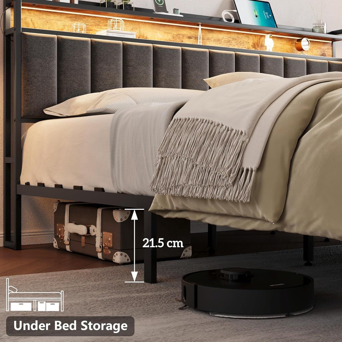 Queen Bed Frame with 2 Storage Drawers and LED Lights Headboard, Upholstered Bed Frame with Charging Station, V1127-AU-2452QN-GRY