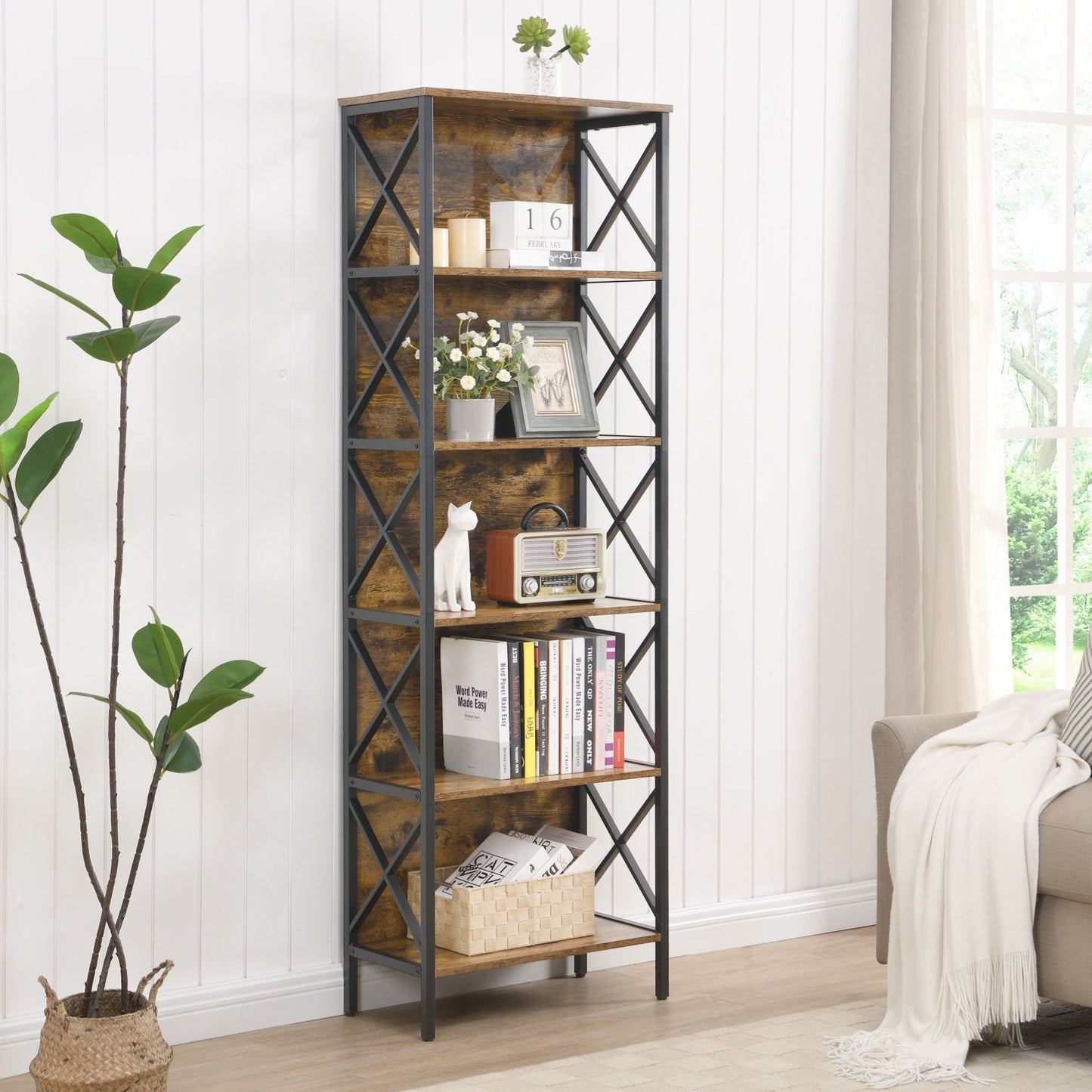 6 Tier Tall Bookshelf, Rustic Brown V1127-AU-CS03-BRN