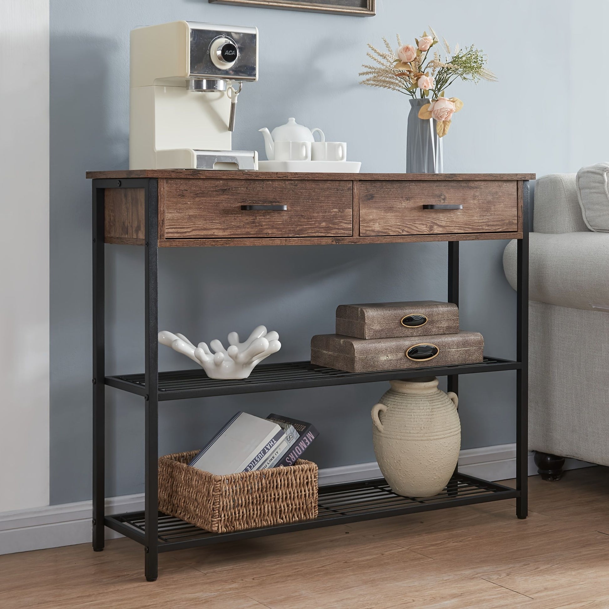 Entryway Table with 2 Drawers, Console Table with Storage Shelves, Sofa Table for Living Room, Entry Way Home V1127-AU-CT03-BRN