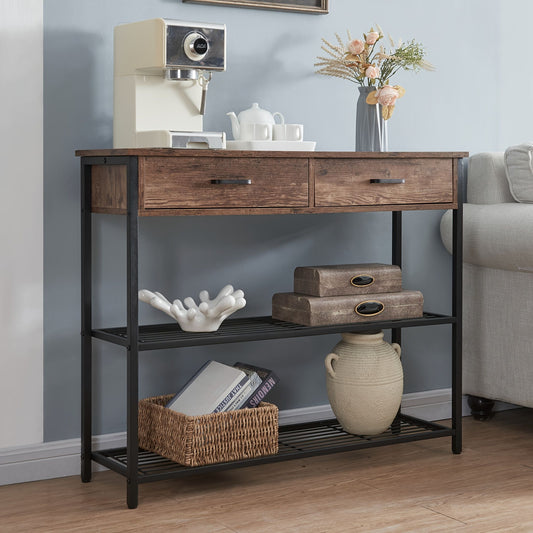 Entryway Table with 2 Drawers, Console Table with Storage Shelves, Sofa Table for Living Room, Entry Way Home V1127-AU-CT03-BRN