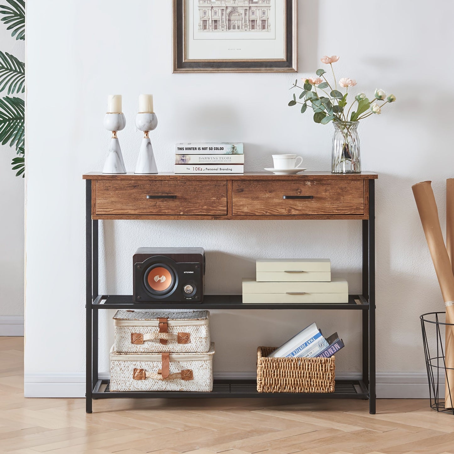 Entryway Table with 2 Drawers, Console Table with Storage Shelves, Sofa Table for Living Room, Entry Way Home V1127-AU-CT03-BRN