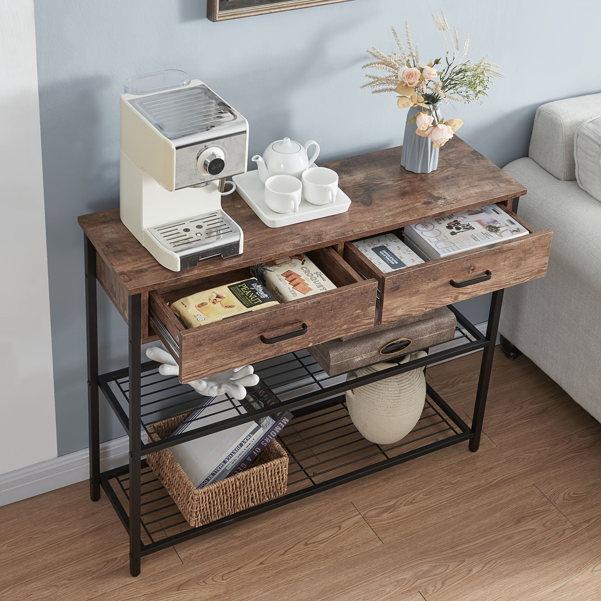 Entryway Table with 2 Drawers, Console Table with Storage Shelves, Sofa Table for Living Room, Entry Way Home V1127-AU-CT03-BRN