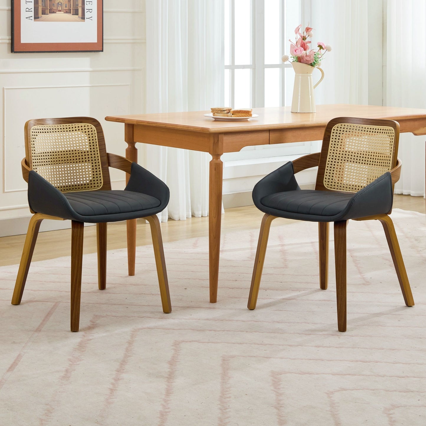 Set of 2 Rattan Back Dining Chairs, Black Faux Leather V1127-AU-DC02-BLK