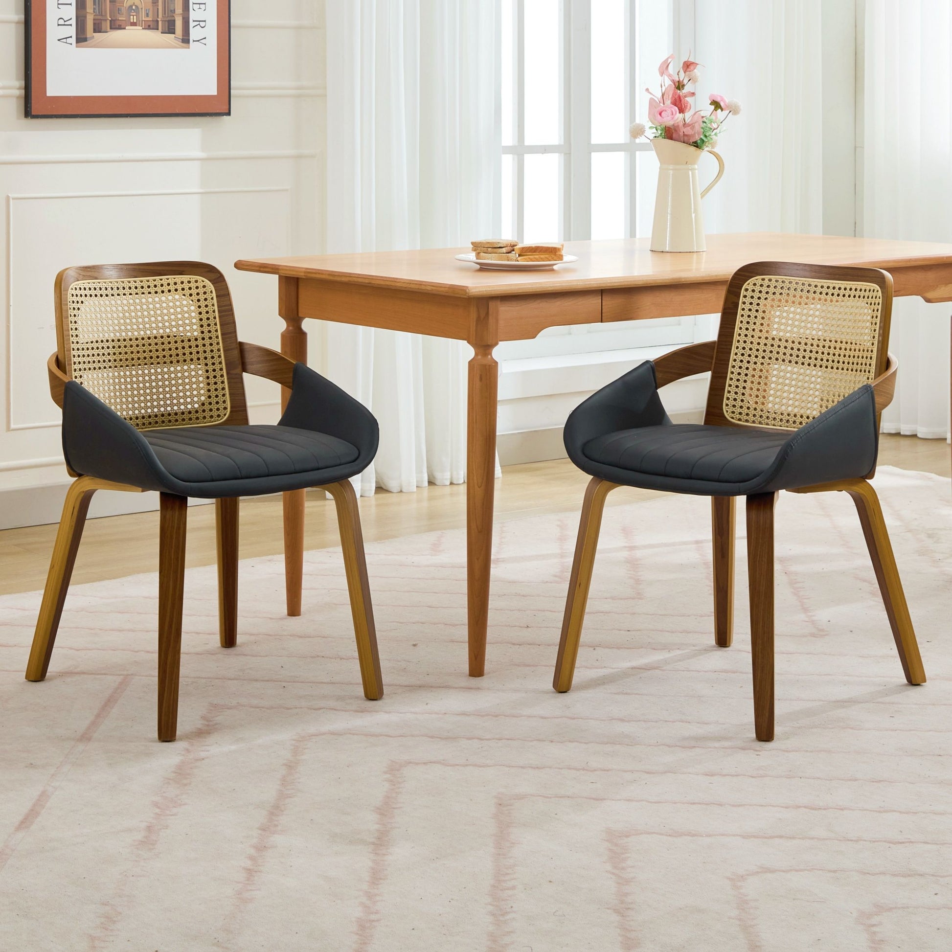 Set of 2 Rattan Back Dining Chairs, Black Faux Leather V1127-AU-DC02-BLK
