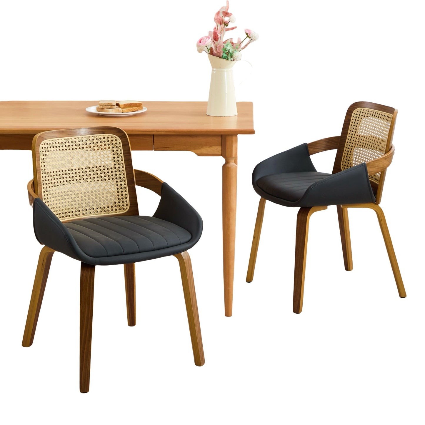 Set of 2 Rattan Back Dining Chairs, Black Faux Leather V1127-AU-DC02-BLK