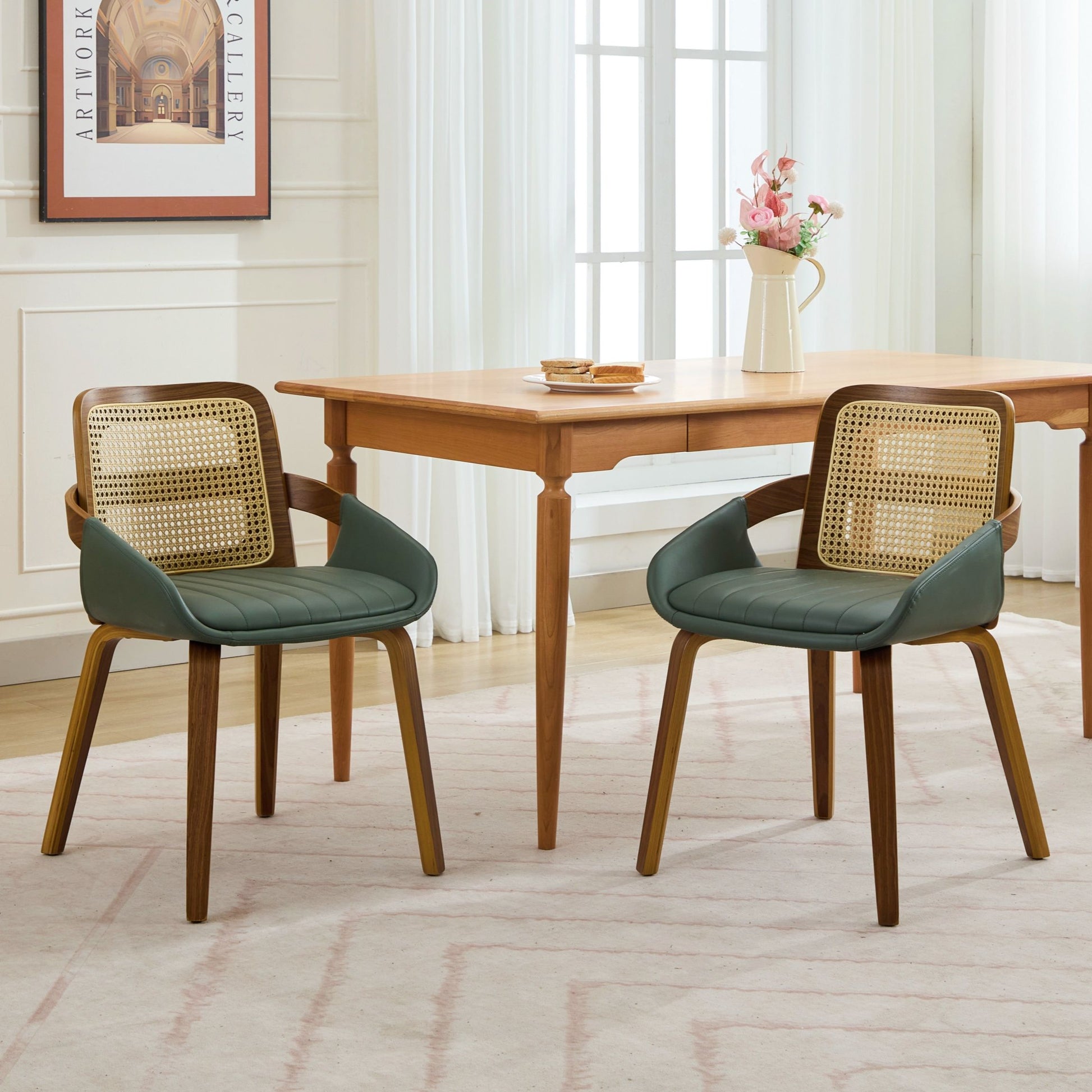 Set of 2 Rattan Back Dining Chairs, Green Faux Leather V1127-AU-DC02-GRN