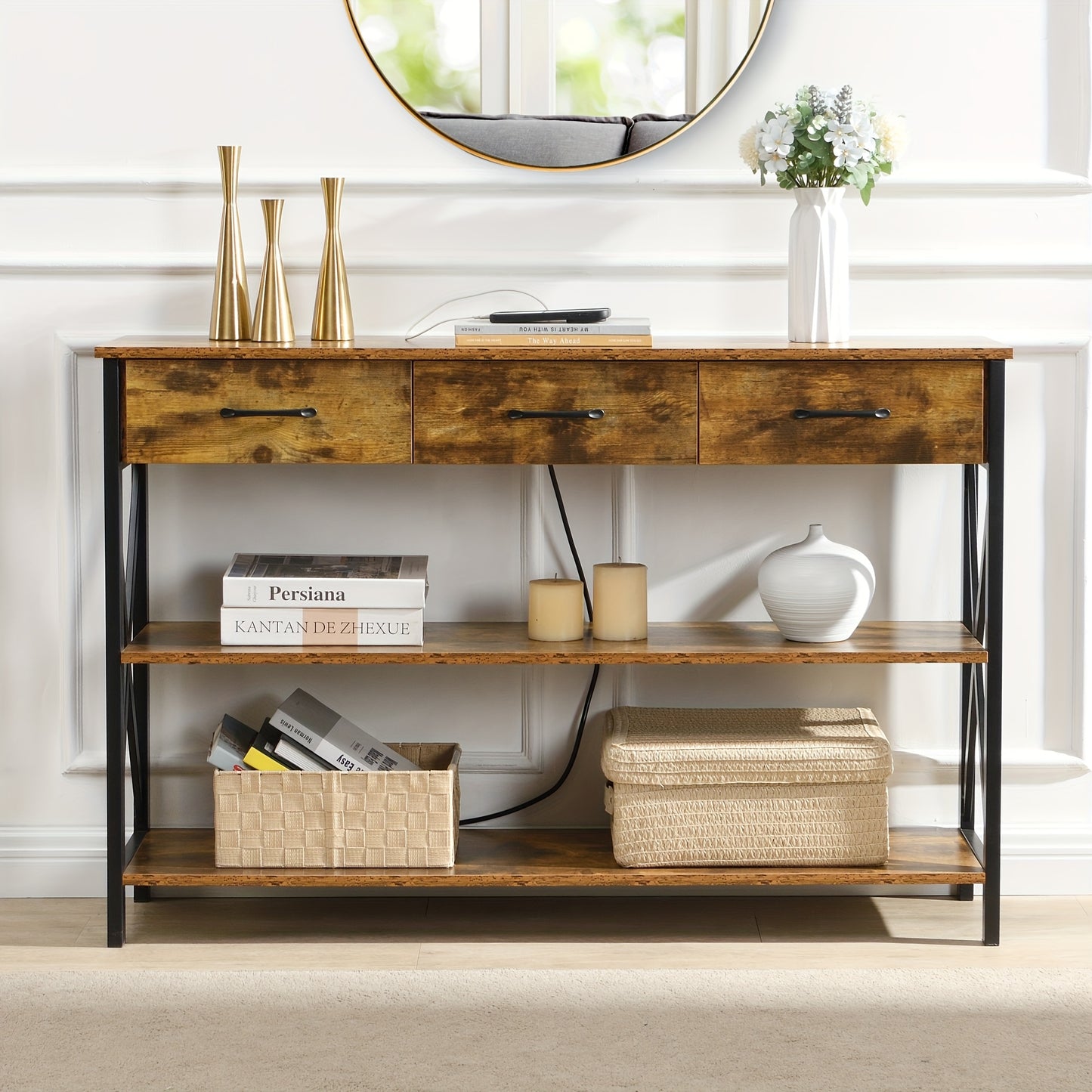 Console Table with 3 Drawers, Industrial Entryway Table with 3 Tier Storage Shelves V1127-C-CNT4-BR