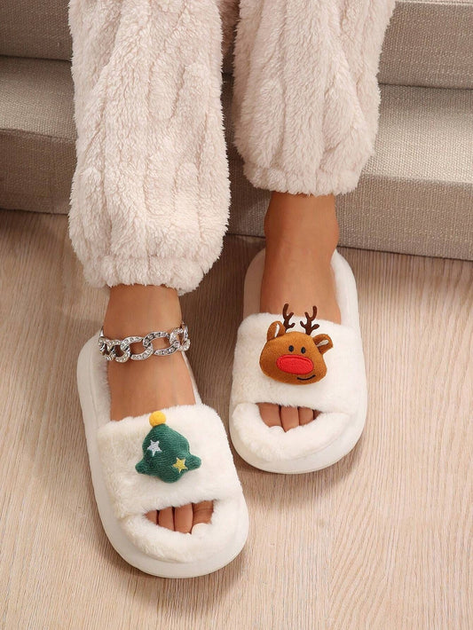 Christmas Cartoon Plush Slippers, Unisex Lightweight Thick-Soled Anti-Slip Fuzzy Slippers for Couples & V1132-MRTX1-MILKY WHITE-41-42