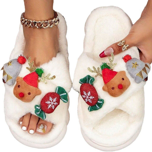Christmas Cartoon Plush Slippers, Unisex Lightweight Thick-Soled Anti-Slip Fuzzy Slippers for Couples & V1132-MRTX1-WHITE-37-38