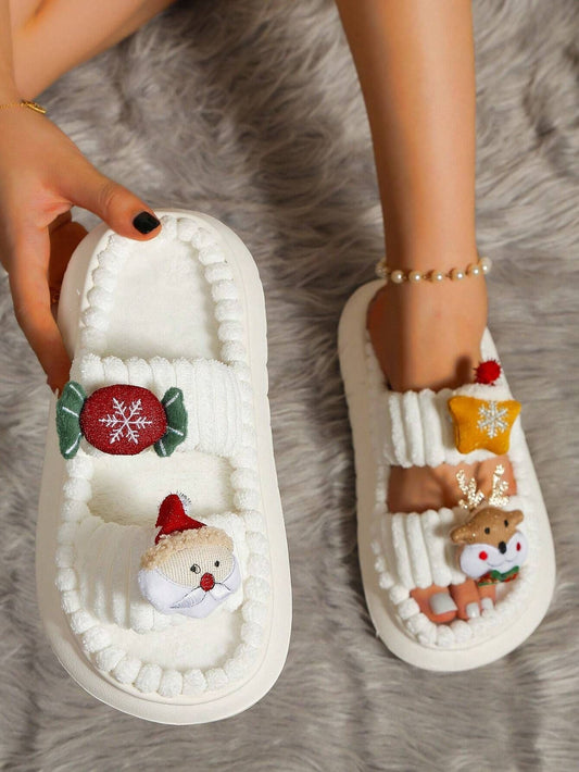 Christmas Cartoon Plush Slippers, Unisex Lightweight Thick-Soled Anti-Slip Fuzzy Slippers for Couples & V1132-MRTX2-WHITE-39-40
