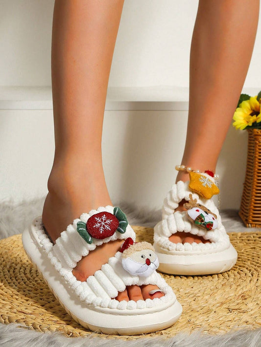 Christmas Cartoon Plush Slippers, Unisex Lightweight Thick-Soled Anti-Slip Fuzzy Slippers for Couples & V1132-MRTX2-WHITE-43-44