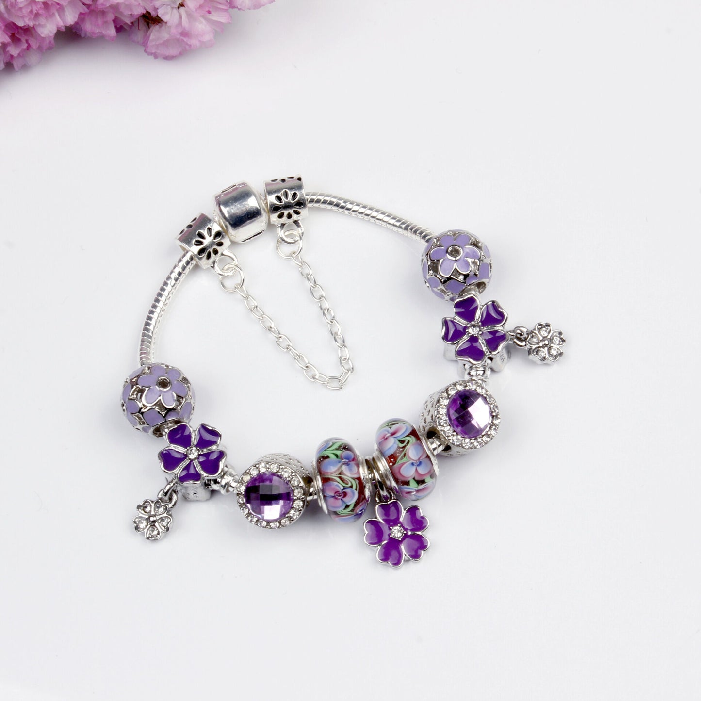 Purple Floral Pendant Bracelet(20cm) V1132-NSSL1-20