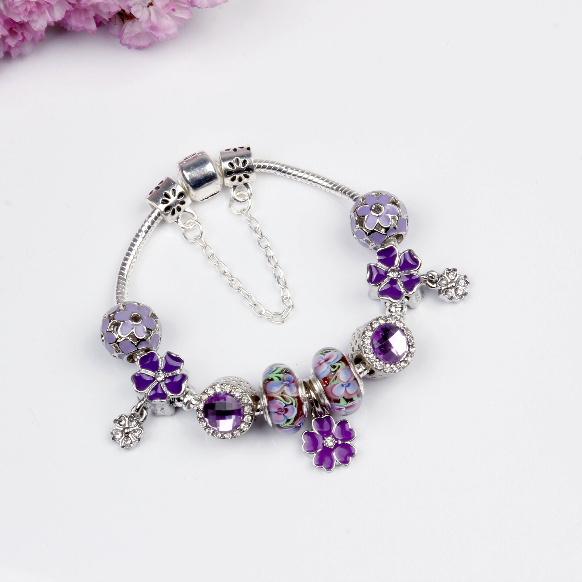 Purple Floral Pendant Bracelet(20cm) V1132-NSSL1-20