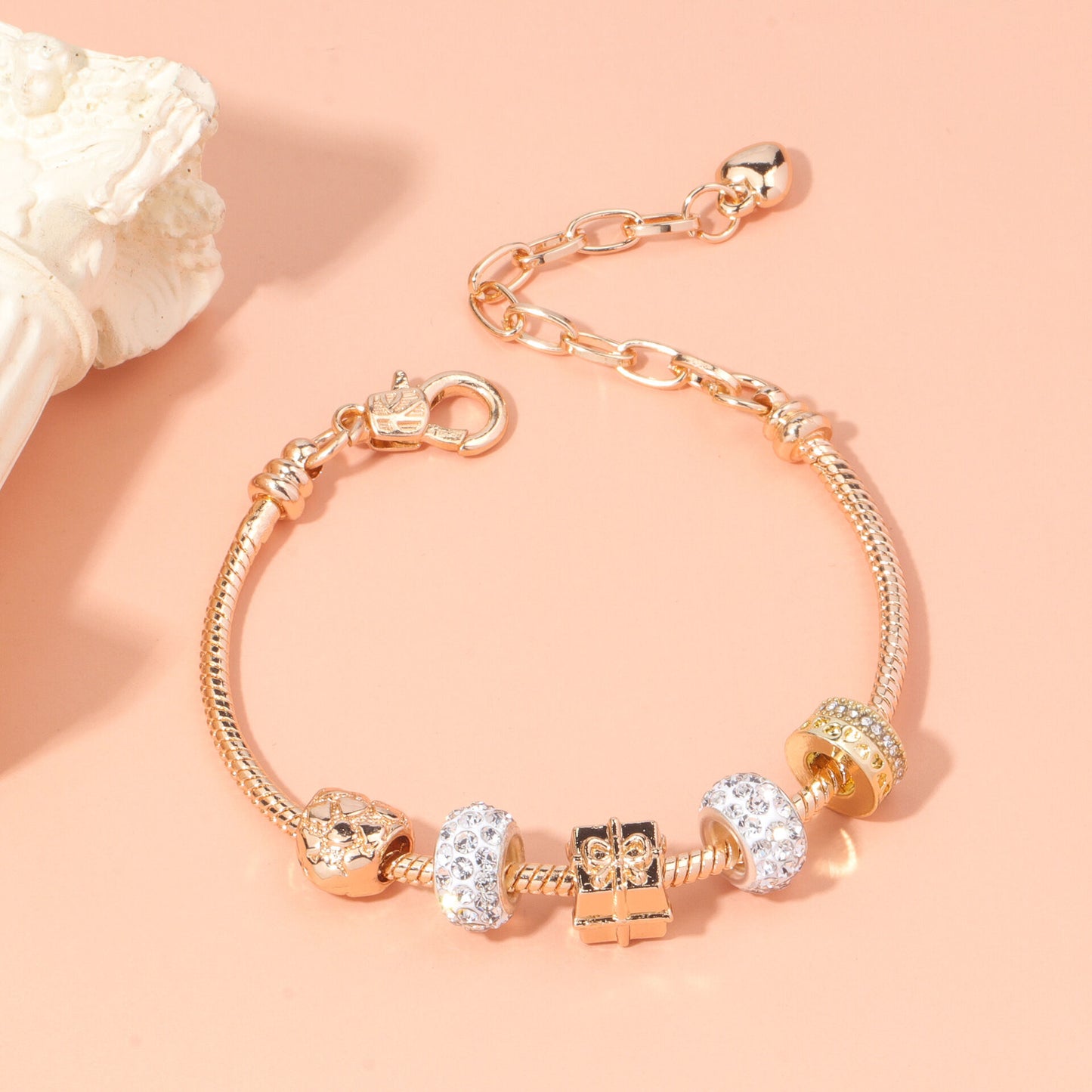 Rose Gold Crystal & Heart Charm Bracelet(rose gold,16cm) V1132-NSSL10-ROSE GOLD-16