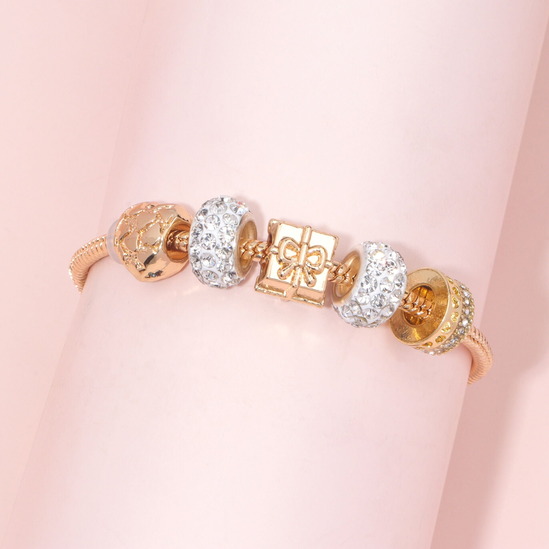 Rose Gold Crystal & Heart Charm Bracelet(rose gold,16cm) V1132-NSSL10-ROSE GOLD-16