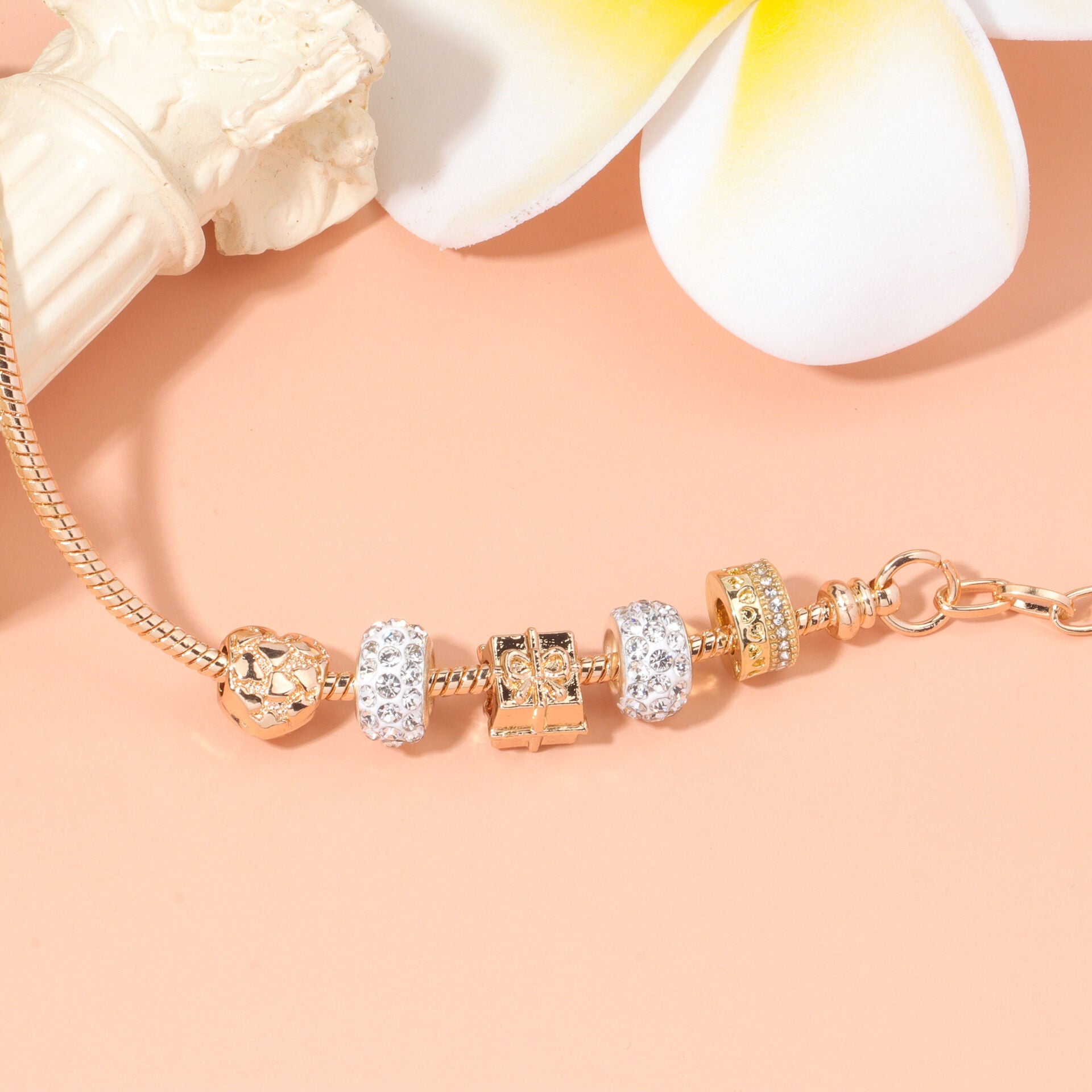 Rose Gold Crystal & Heart Charm Bracelet(rose gold,16cm) V1132-NSSL10-ROSE GOLD-16