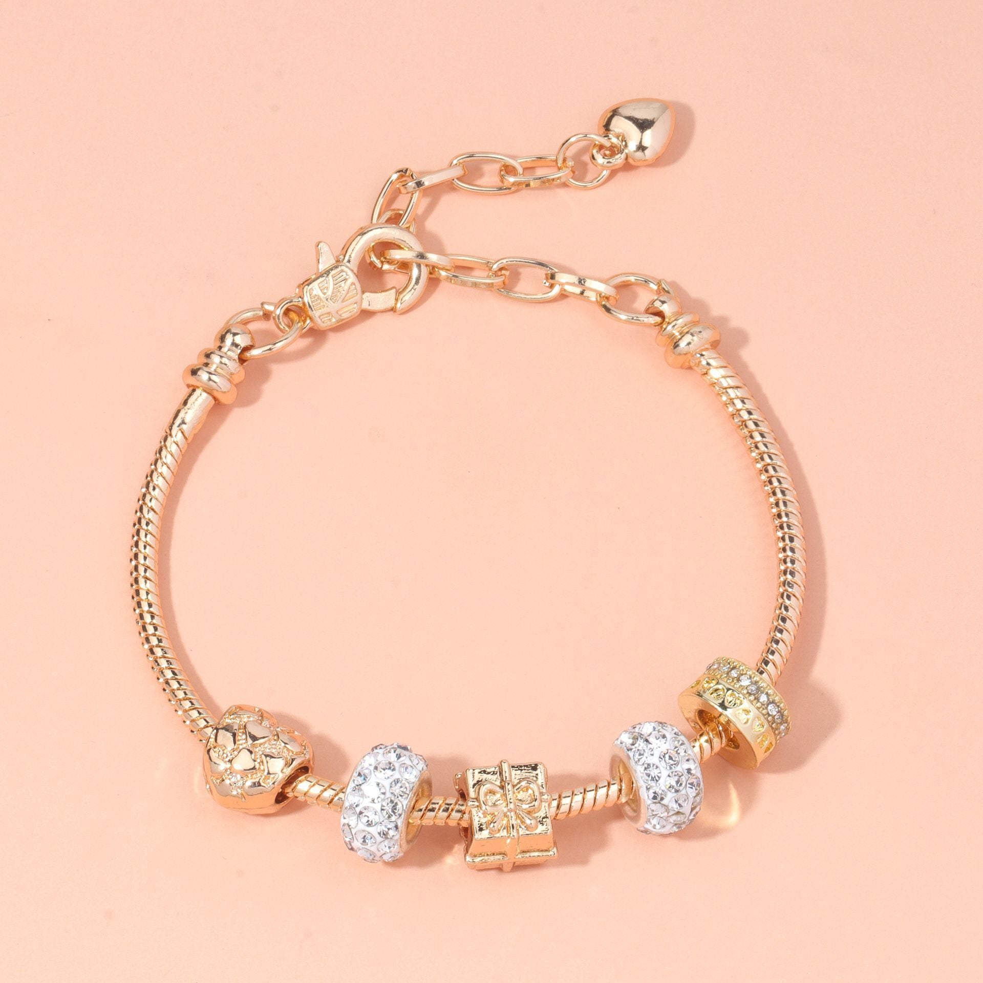 Rose Gold Crystal & Heart Charm Bracelet(rose gold,18cm) V1132-NSSL10-ROSE GOLD-18