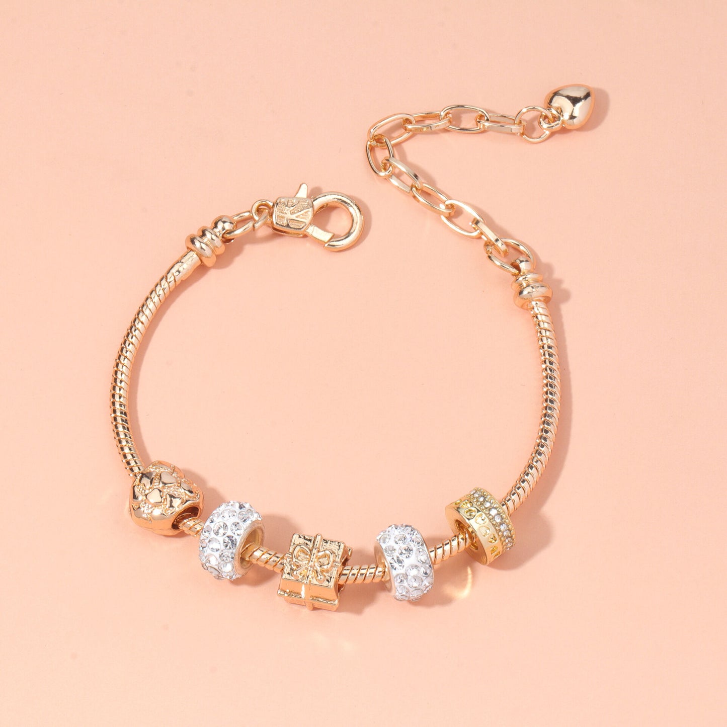 Rose Gold Crystal & Heart Charm Bracelet(rose gold,18cm) V1132-NSSL10-ROSE GOLD-18