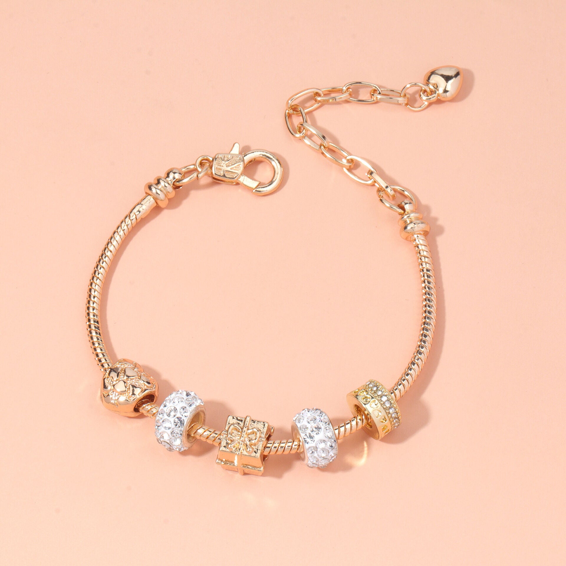 Rose Gold Crystal & Heart Charm Bracelet(rose gold,19cm) V1132-NSSL10-ROSE GOLD-19