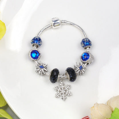 Rhinestone Blue Cat's Eye Starry Glaze Beads Bracelet with Snowflake Pendant(17cm) V1132-NSSL100-17