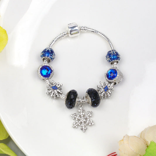 Rhinestone Blue Cat's Eye Starry Glaze Beads Bracelet with Snowflake Pendant(20cm) V1132-NSSL100-20