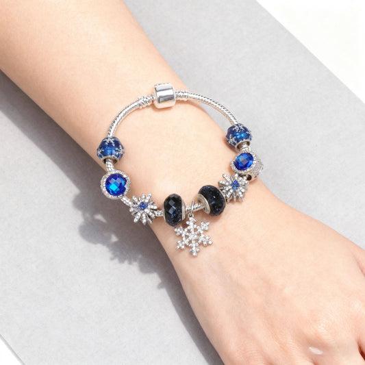 Rhinestone Blue Cat's Eye Starry Glaze Beads Bracelet with Snowflake Pendant(20cm) V1132-NSSL100-20