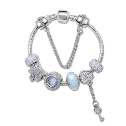 Rhinestone Cat's Eye Glass Bead Charm Bracelet - Heart Lock Pendant(18cm) V1132-NSSL101-18